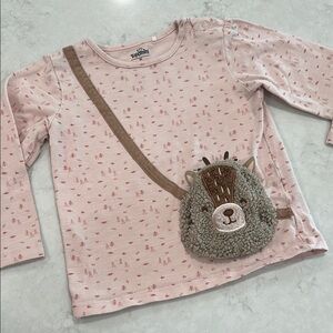 Pink Long-Sleeve Kids Shirt with Deer Purse Attached 2T